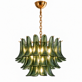 A multi-light chandelier featuring curved, petal-like green glass shades suspended from a gold-toned brass chain and ceiling canopy, shown against a plain white background.