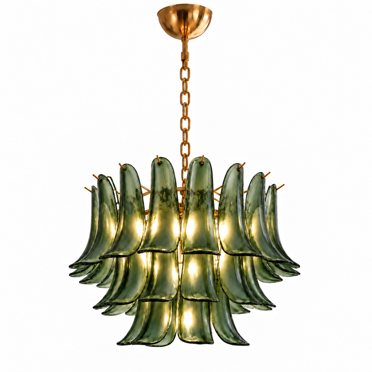 A multi-light chandelier featuring curved, petal-like green glass shades suspended from a gold-toned brass chain and ceiling canopy, shown against a plain white background.