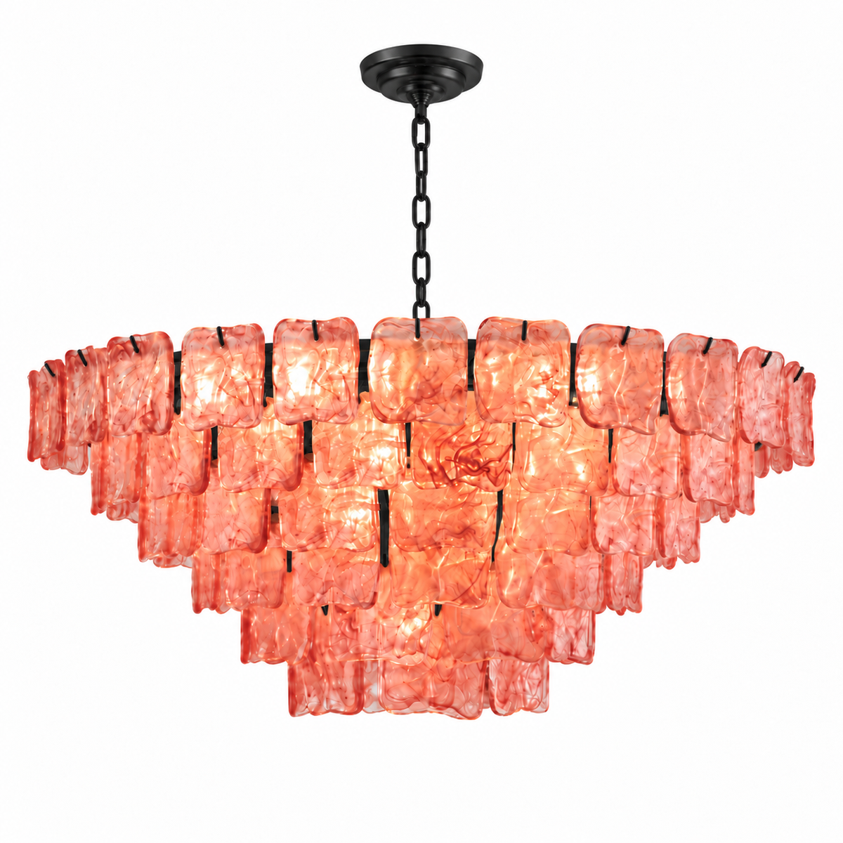 A modern multi-tier chandelier with textured, wavy coral-pink glass rectangular shades, suspended by a black chain from a black ceiling canopy against a solid white background.