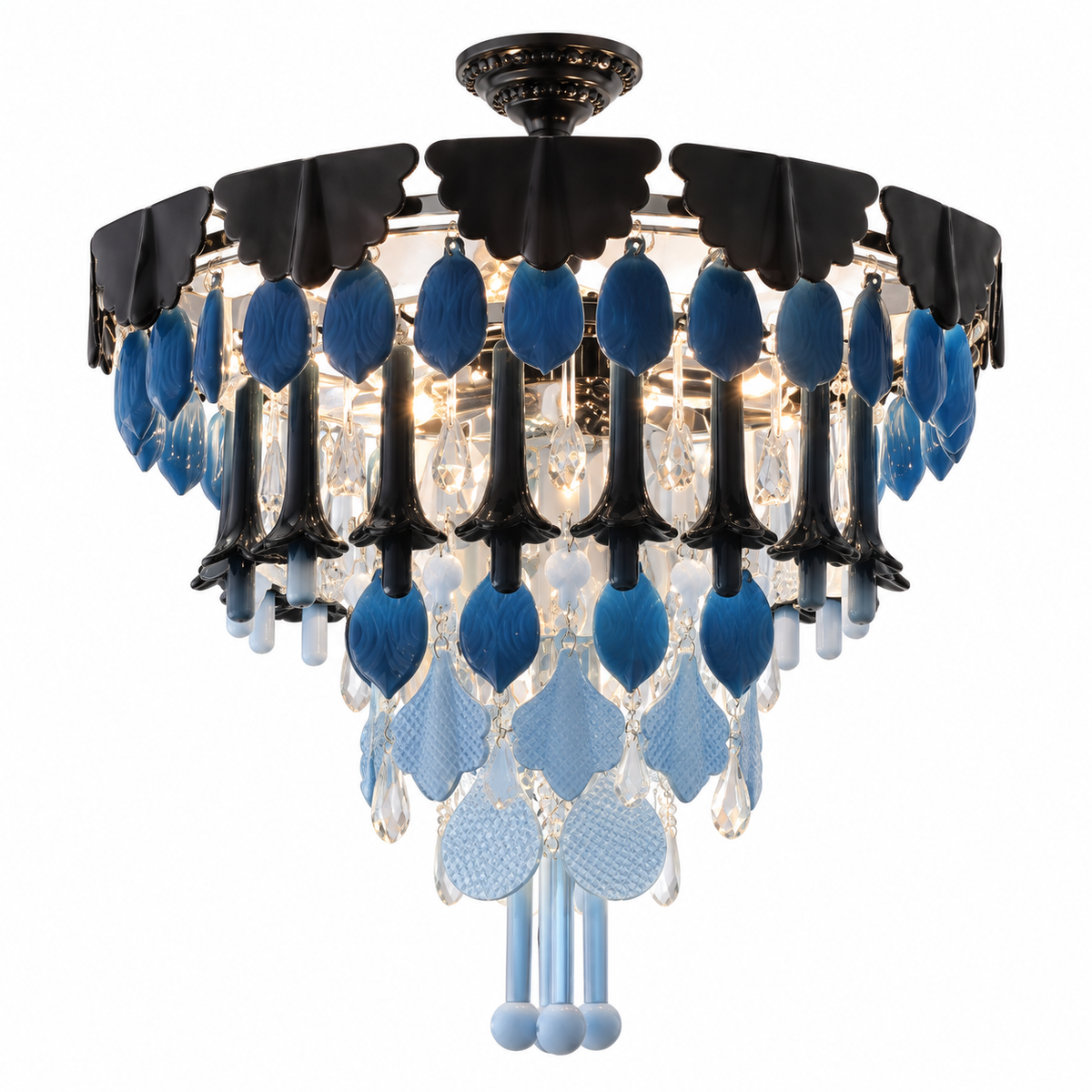 A semi-flush mount chandelier featuring a black metal frame, blue glass teardrop pendants, and cascading clear crystal drops on a white background.