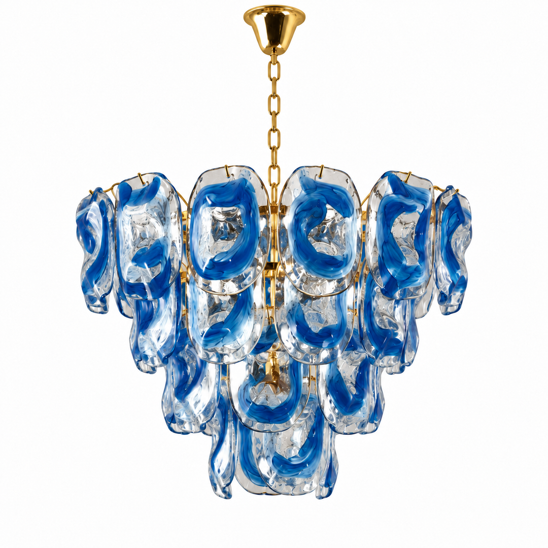 A tiered glass chandelier featuring swirling blue and clear glass shades suspended from a gold-toned chain and canopy, shown against a plain white background.