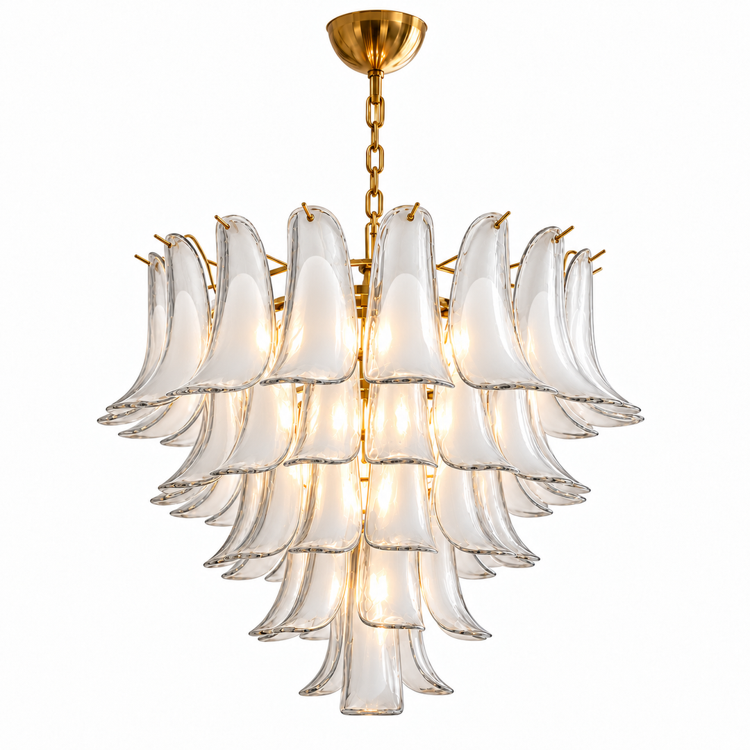 A modern multi-tiered chandelier featuring clear glass bell-shaped shades with a brushed gold metal frame, chain, and ceiling canopy, shown against a plain white background.