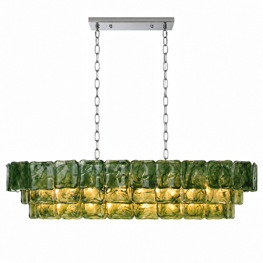 Linear chandelier with three tiers of rippled green glass panels, silver-tone chains and a rectangular canopy against a white background.