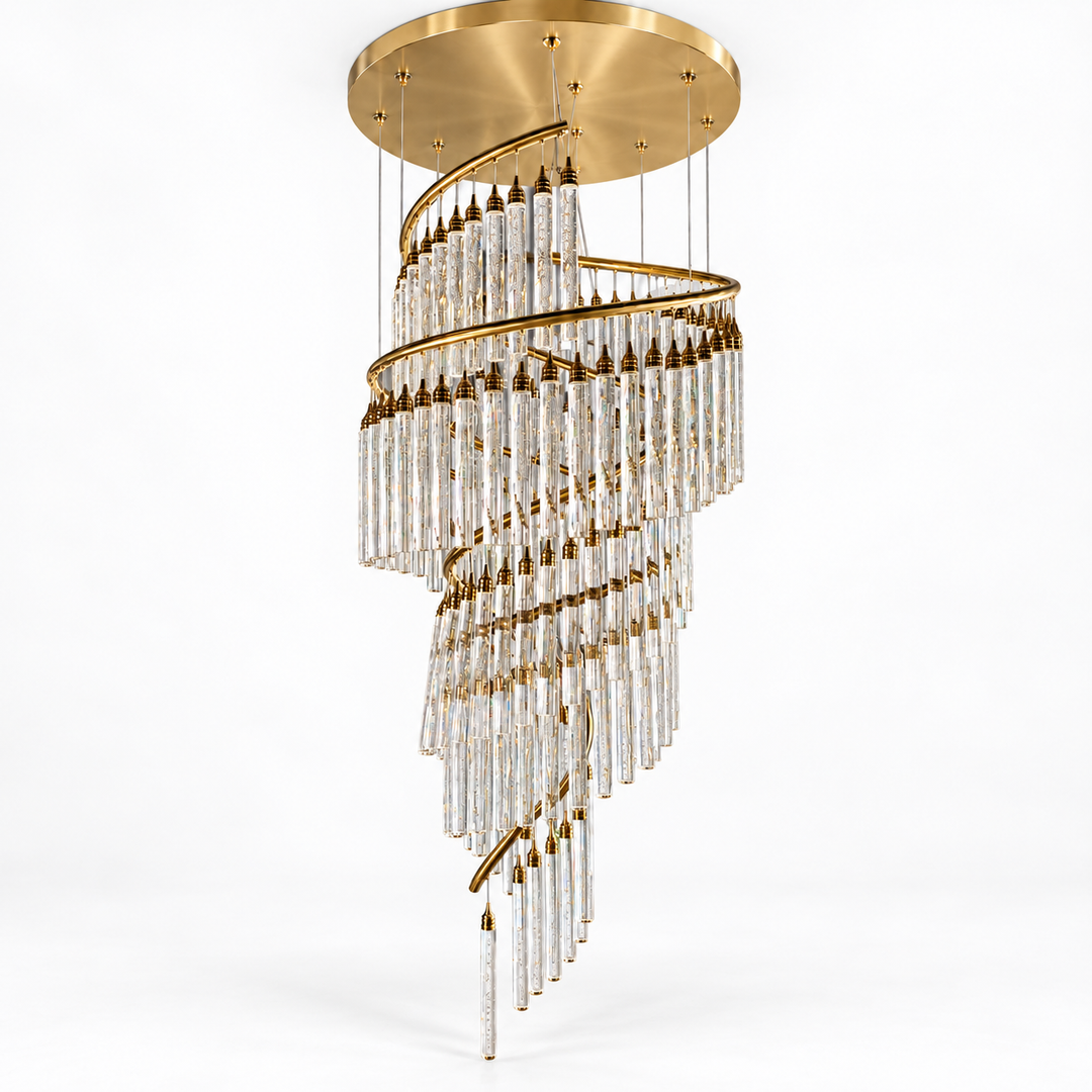 A spiral chandelier with a brushed gold metal frame and clear glass tube pendants, suspended from a matching circular gold ceiling canopy against a white background.