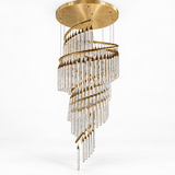 A spiral chandelier with a brushed gold metal frame and clear glass tube pendants, suspended from a matching circular gold ceiling canopy against a white background.