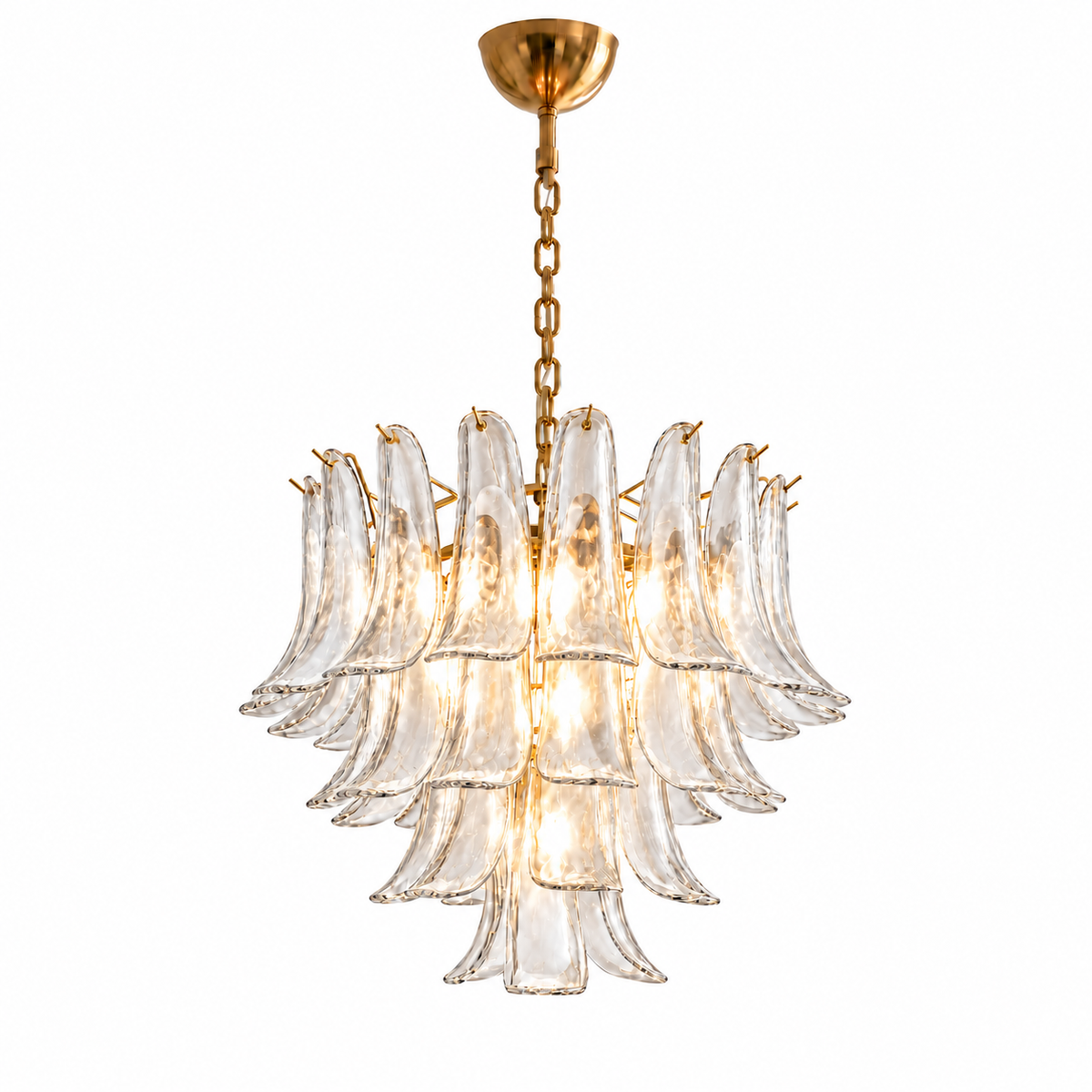 A modern multi-tier chandelier with clear textured glass petal-like shades and a polished gold brass chain and canopy, shown against a solid white background.