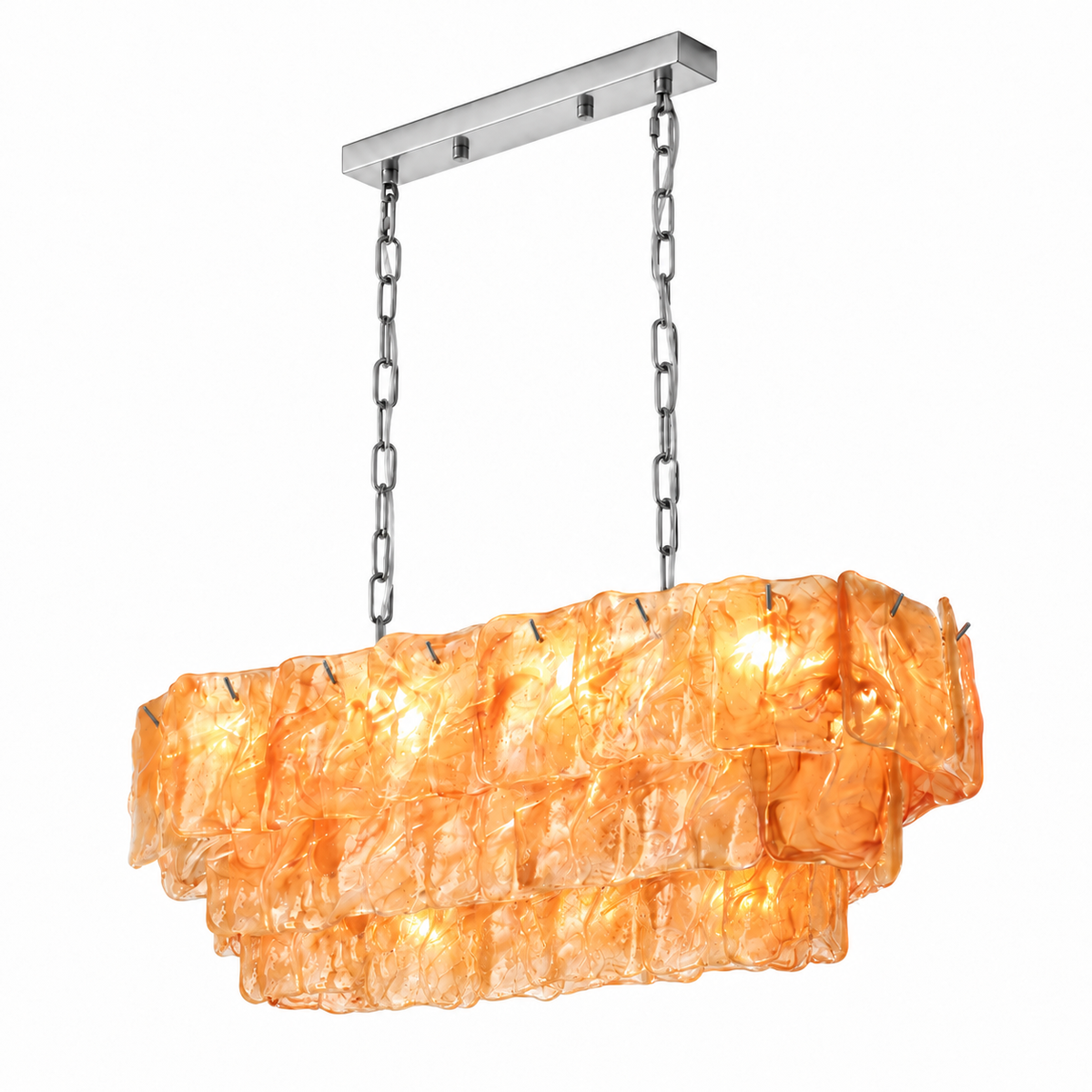 Illuminated linear chandelier with tiered amber glass panels, silver-toned chains and a matching ceiling canopy against a white background.