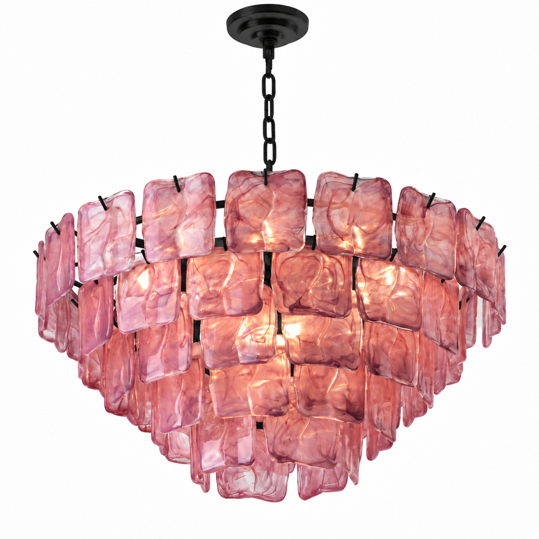 A modern chandelier featuring multiple irregular, translucent pink glass panels suspended in a tiered arrangement on a black metal frame and chain.