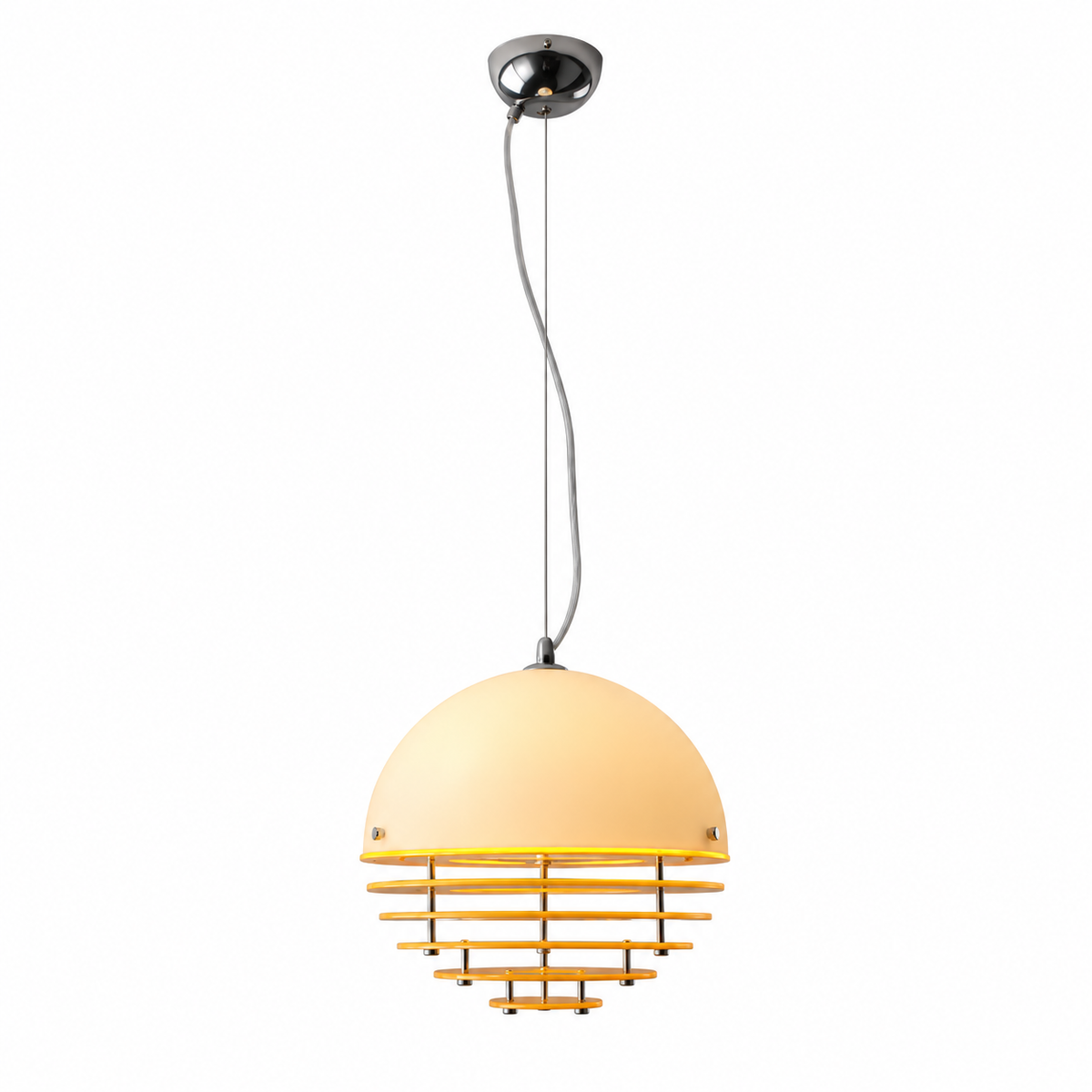 A modern pendant light with a warm yellow dome shade, a yellow slatted geometric lower section, and a polished silver metal canopy and cord, shown against a plain white background.
