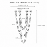 Black-and-white chandelier diagram shows three draped strands, 115 pieces total, and dimensions of 100 cm across by 223 cm high.