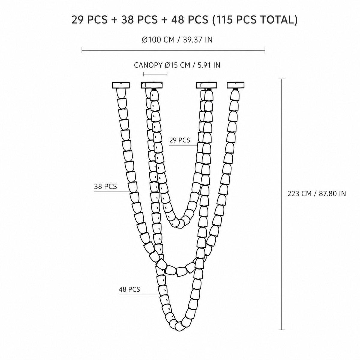 Black-and-white chandelier diagram shows three draped strands, 115 pieces total, and dimensions of 100 cm across by 223 cm high.