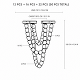 Line drawing of the 50-piece crystal chandelier showing strand counts, a 60 cm width, and 105 cm length.