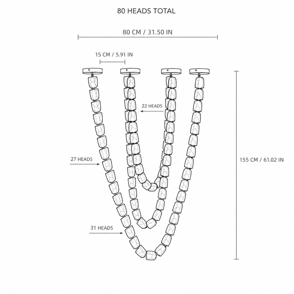 Line drawing of the 80-head crystal chandelier diagrammed with an 80 cm width and 155 cm height.