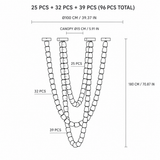 Line drawing of the 96-piece crystal chandelier showing strand counts of 25, 32, and 39 pieces with dimensions.