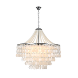 Tiered chandelier with cream oval discs, draped bead strands, and a silver-toned frame and hanging chain against a white background.