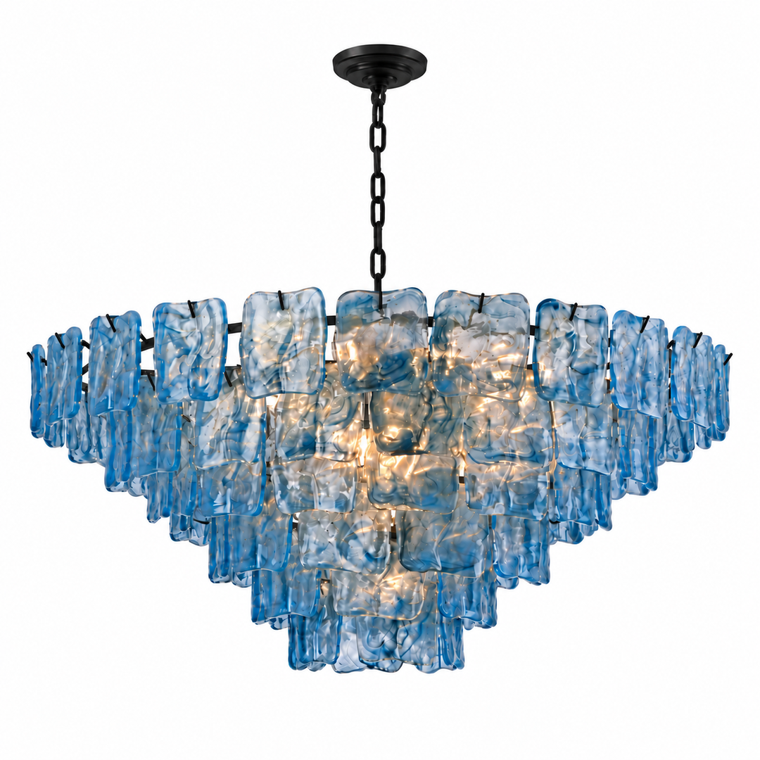 A modern multi-tier chandelier featuring textured, translucent blue glass panels suspended in a curved, cascading arrangement on a black metal frame and chain.
