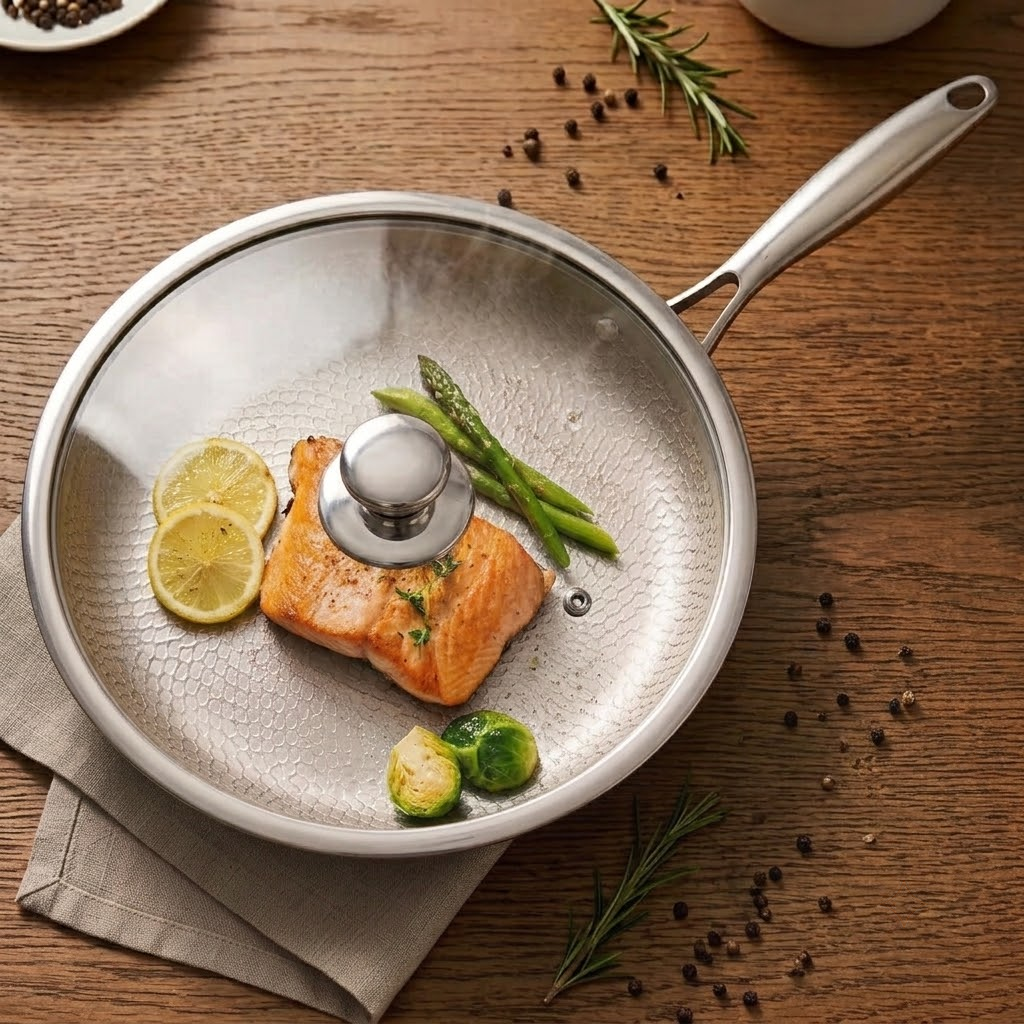 Uncoated titanium frying pan with a honeycomb-textured base on a walnut table, tempered glass lid on top, cooking a salmon fillet with asparagus and Brussels sprouts