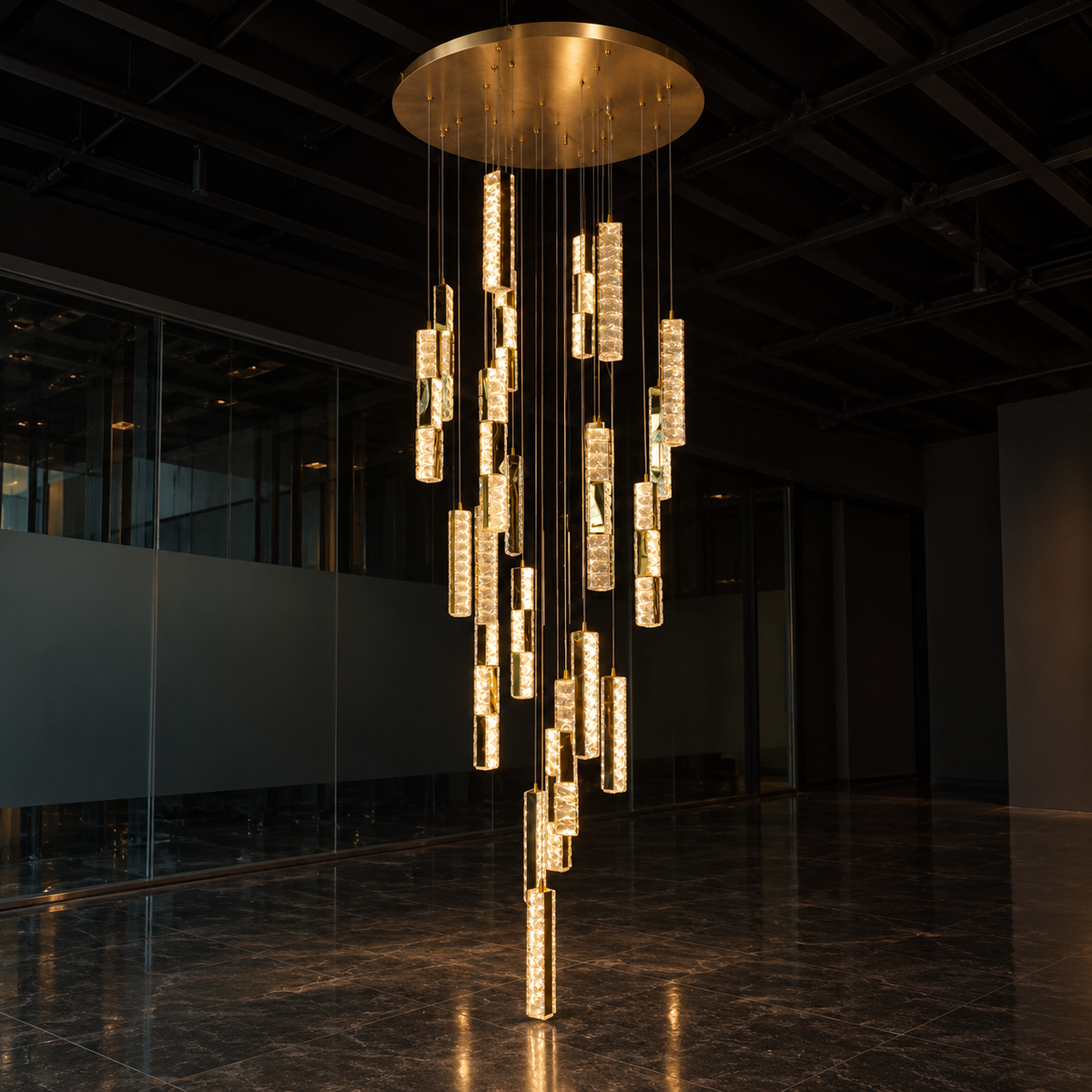A modern multi-tier chandelier with cylindrical glass crystal rods emitting warm light, suspended from a circular gold ceiling canopy in a dark, contemporary indoor lobby.