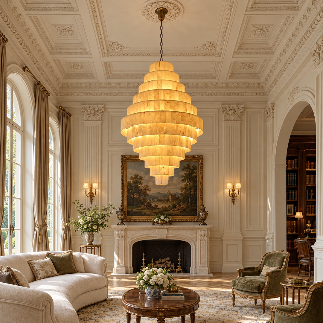 A large, tiered chandelier with warm glowing glass or fabric shades hangs in a grand, classical living room with a white fireplace, ornate ceiling, and upholstered furniture.