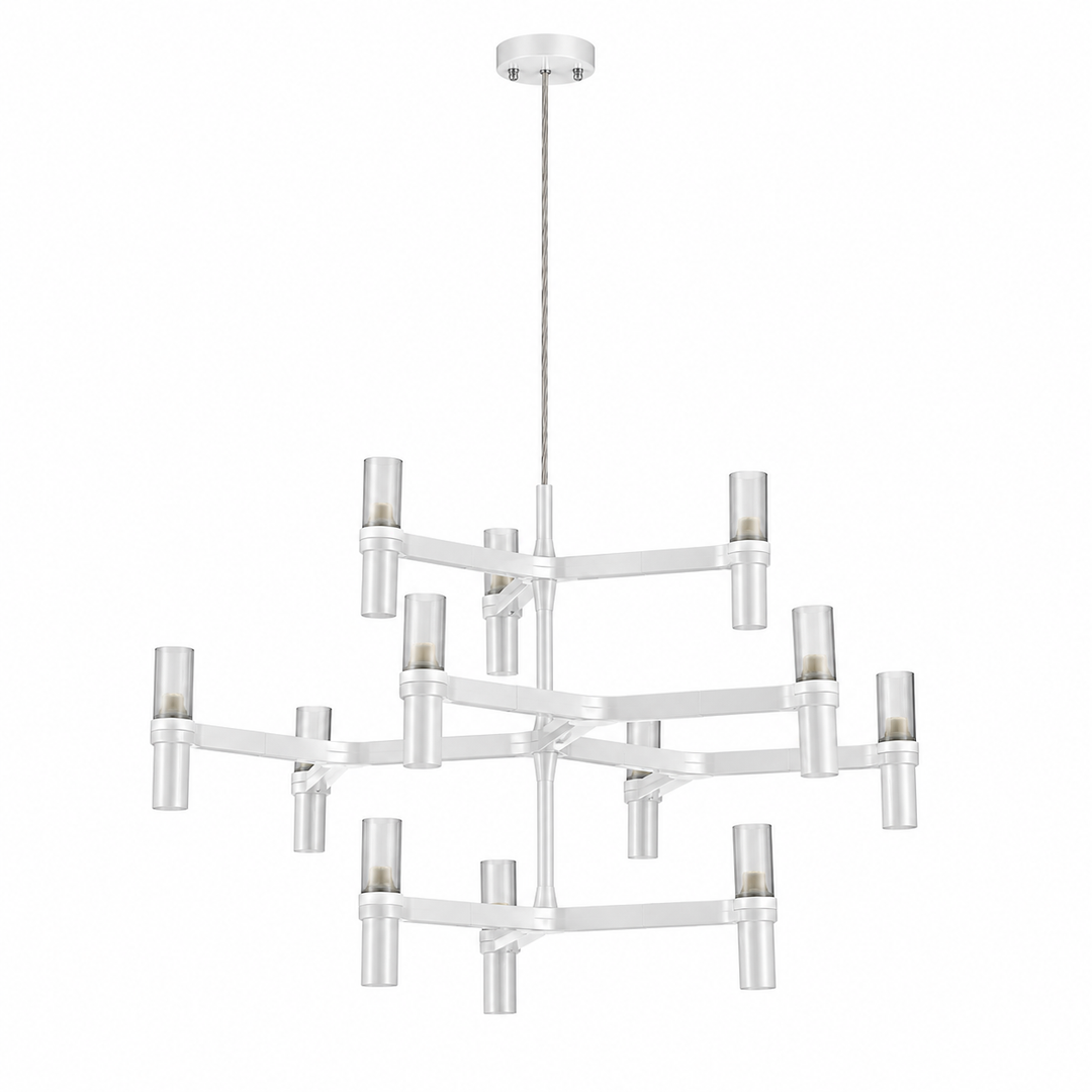 A modern multi-light chandelier with a white frame and clear cylindrical glass shades, suspended by a thin cord from a round ceiling canopy against a plain white background.