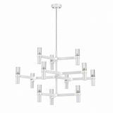 A modern multi-light chandelier with a white frame and clear cylindrical glass shades, suspended by a thin cord from a round ceiling canopy against a plain white background.