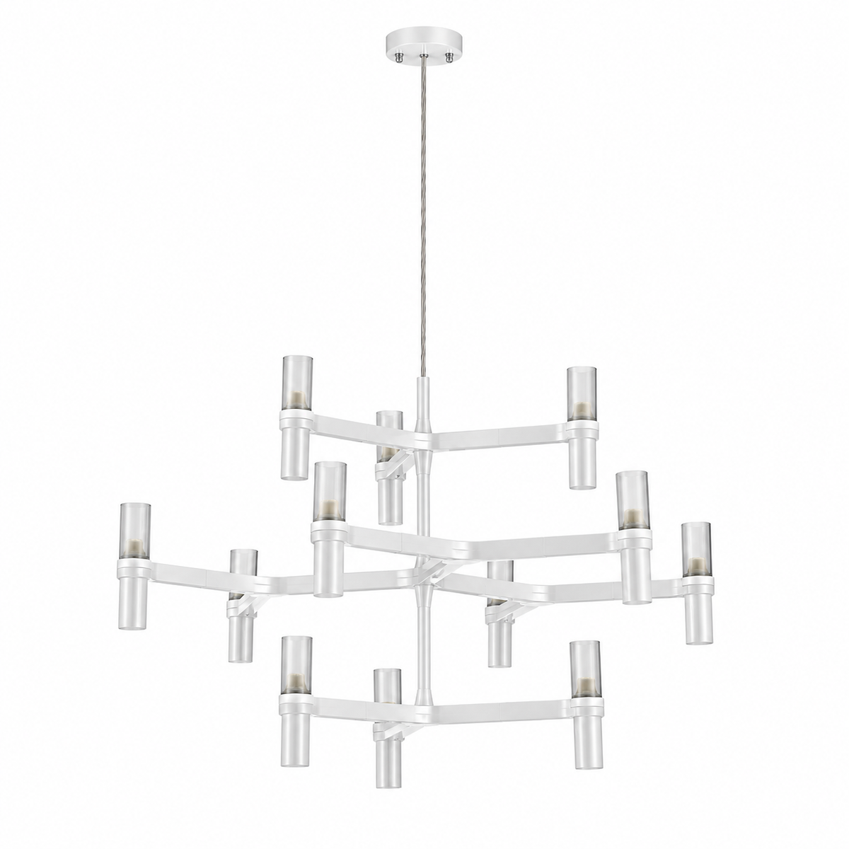 A modern multi-light chandelier with a white frame and clear cylindrical glass shades, suspended by a thin cord from a round ceiling canopy against a plain white background.