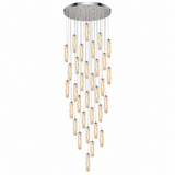 A modern multi-light chandelier with a circular polished chrome ceiling canopy, multiple vertical glass shades, and a cascading drop arrangement on a plain white background.
