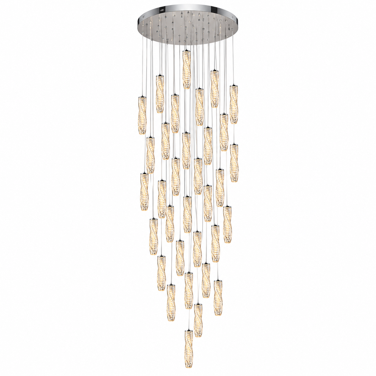 A modern multi-light chandelier with a circular polished chrome ceiling canopy, multiple vertical glass shades, and a cascading drop arrangement on a plain white background.