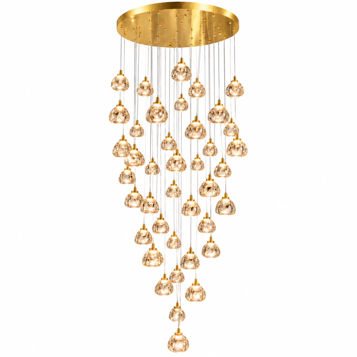 A modern multi-light chandelier with a brushed gold circular ceiling canopy and multiple clear faceted glass pendant globes hanging in a cascading arrangement against a white background.