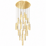 A modern chandelier light fixture with a circular gold ceiling canopy, multiple vertical clear glass cylinder shades, and warm white LED lighting, shown against a plain white background.
