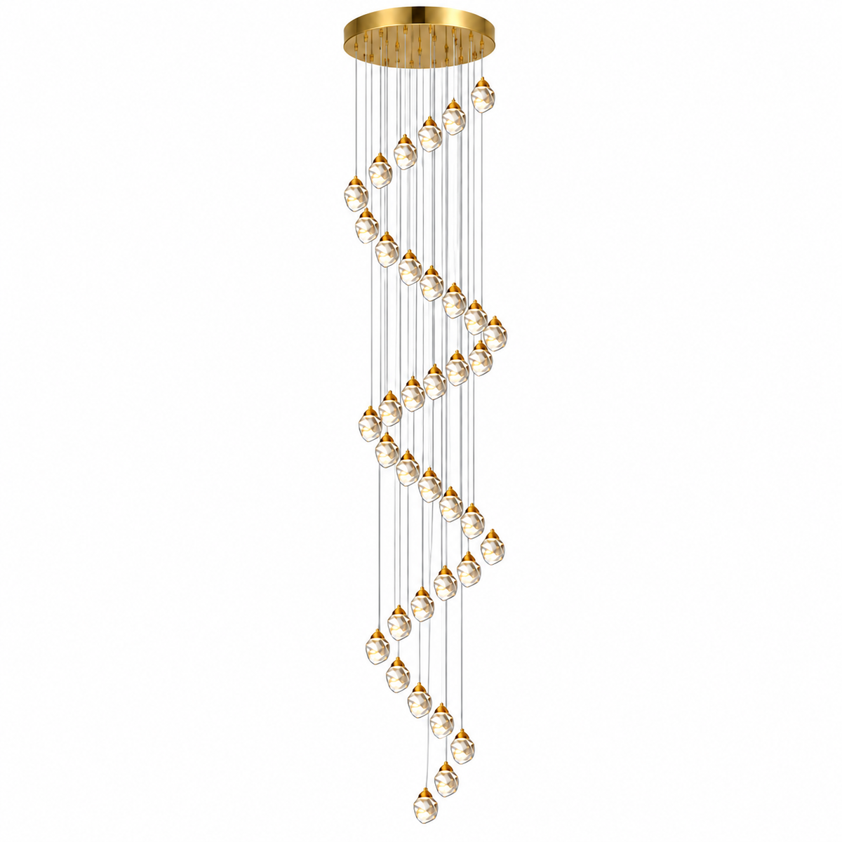 A modern spiral chandelier with a gold-finished circular ceiling canopy and multiple clear faceted glass droplets suspended in a zigzag pattern against a plain white background.