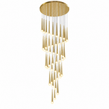 A modern multi-light chandelier with a circular gold ceiling canopy and numerous tapered gold and clear glass drops, each containing a glowing warm white bulb, shown against a plain white background.