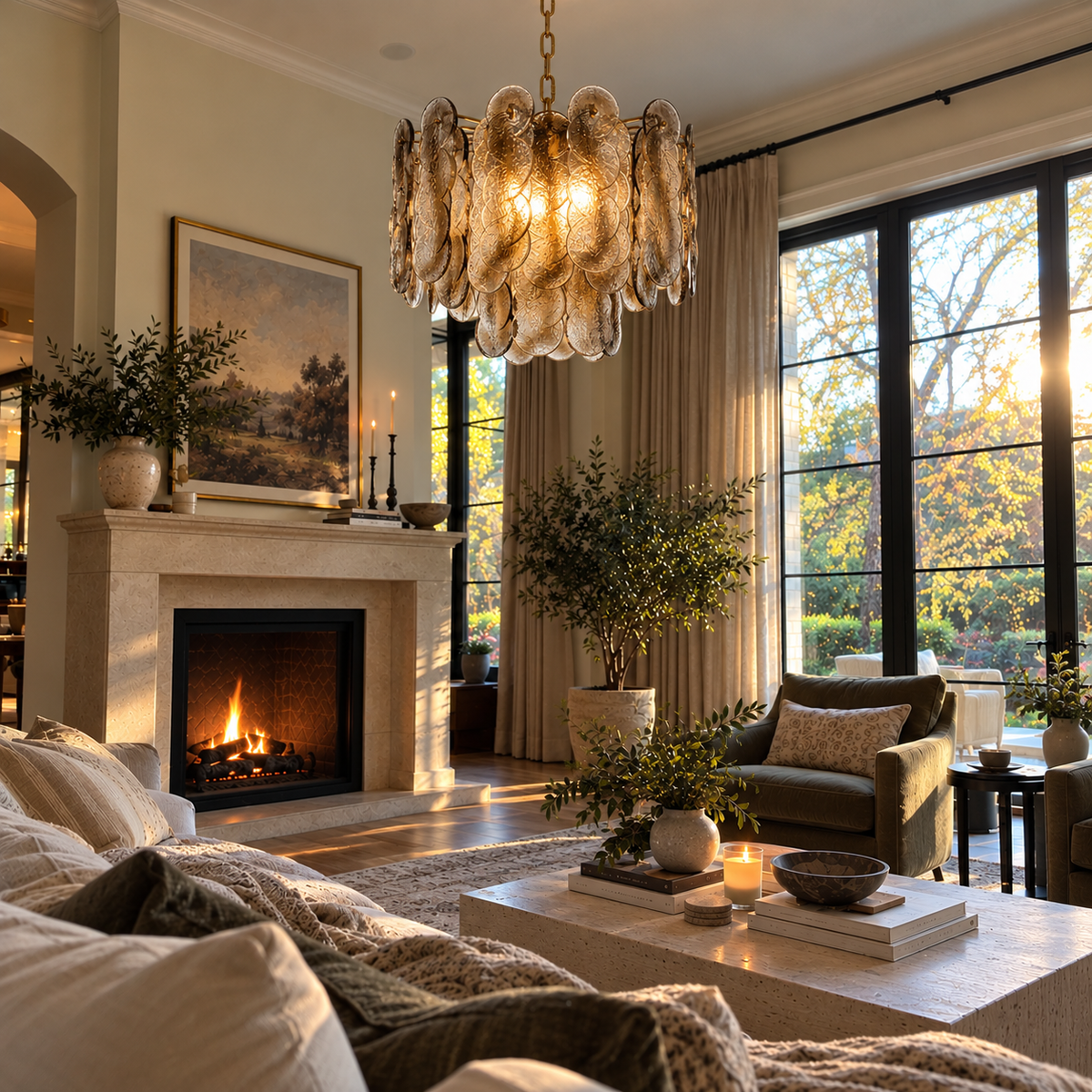 A beautifully styled living room featuring a large, textured glass chandelier hanging above a fireplace. The room is filled with warm natural light from large black-framed windows, decorated with potted plants, a cozy armchair, and a coffee table with books and candles.