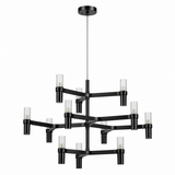 A modern multi-light chandelier with a matte black metal frame, suspended from a ceiling canopy by a textured gray cord, featuring multiple clear cylindrical glass shades on a solid white background.