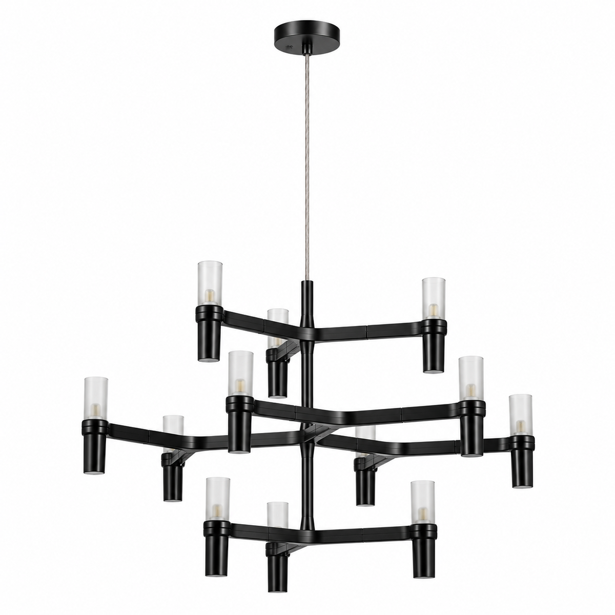 A modern multi-light chandelier with a matte black metal frame, suspended from a ceiling canopy by a textured gray cord, featuring multiple clear cylindrical glass shades on a solid white background.