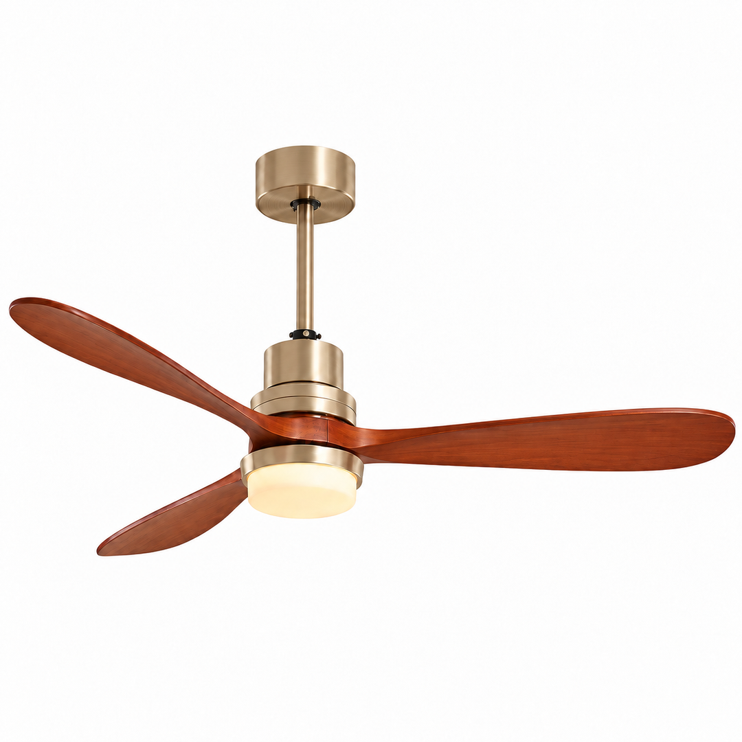 A 3-blade ceiling fan with warm brown wooden blades and a brushed brass metal housing, featuring an integrated round light fixture, shown against a plain white background.