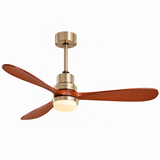 A 3-blade ceiling fan with warm brown wooden blades and a brushed brass metal housing, featuring an integrated round light fixture, shown against a plain white background.