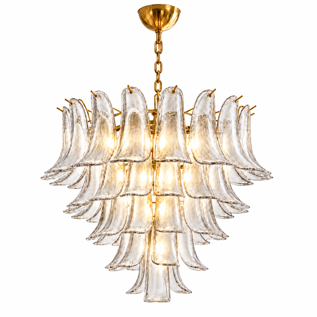 A multi-tiered Murano-style glass chandelier with a gold-finished metal frame, chain, and ceiling canopy, shown against a plain white background.