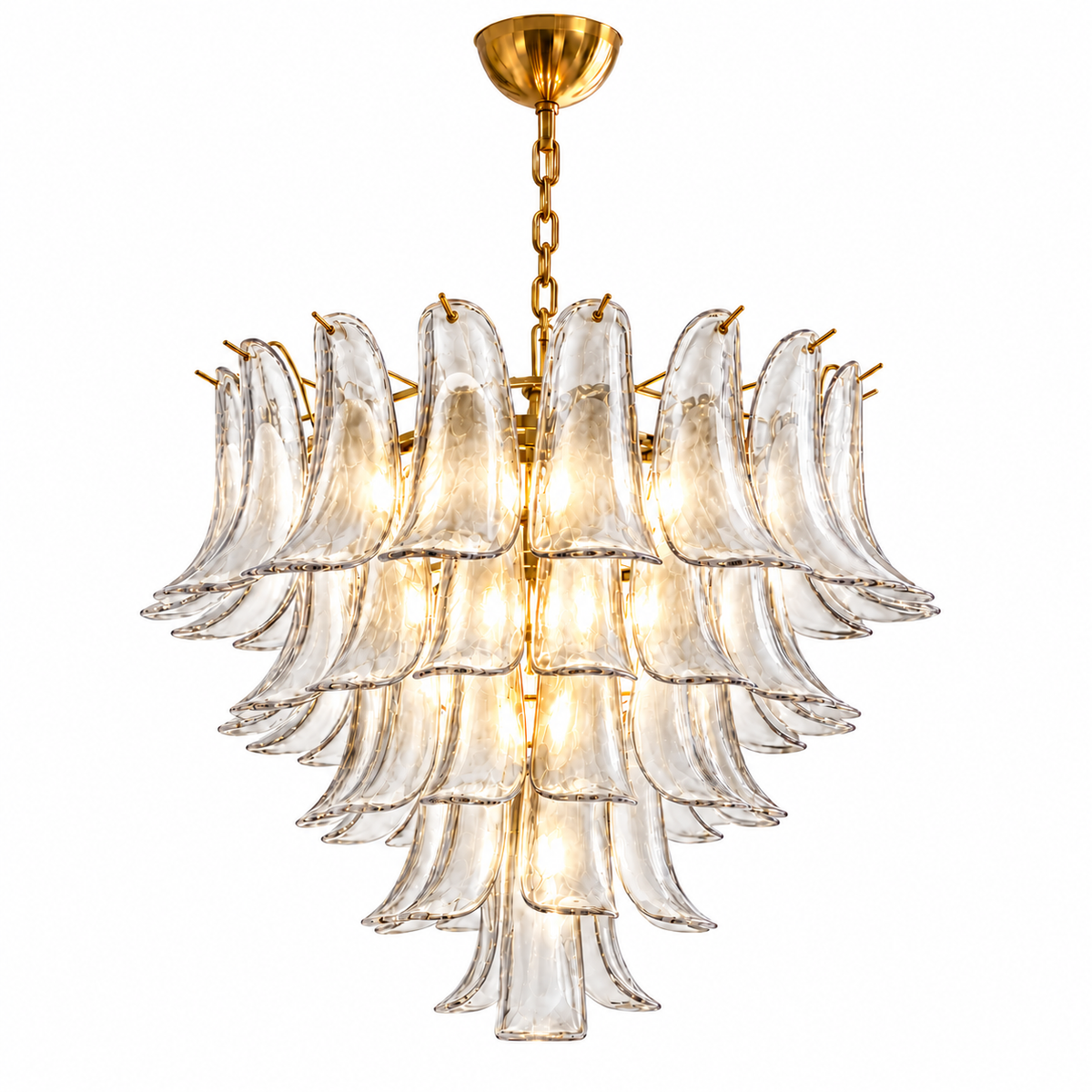 A multi-tiered Murano-style glass chandelier with a gold-finished metal frame, chain, and ceiling canopy, shown against a plain white background.
