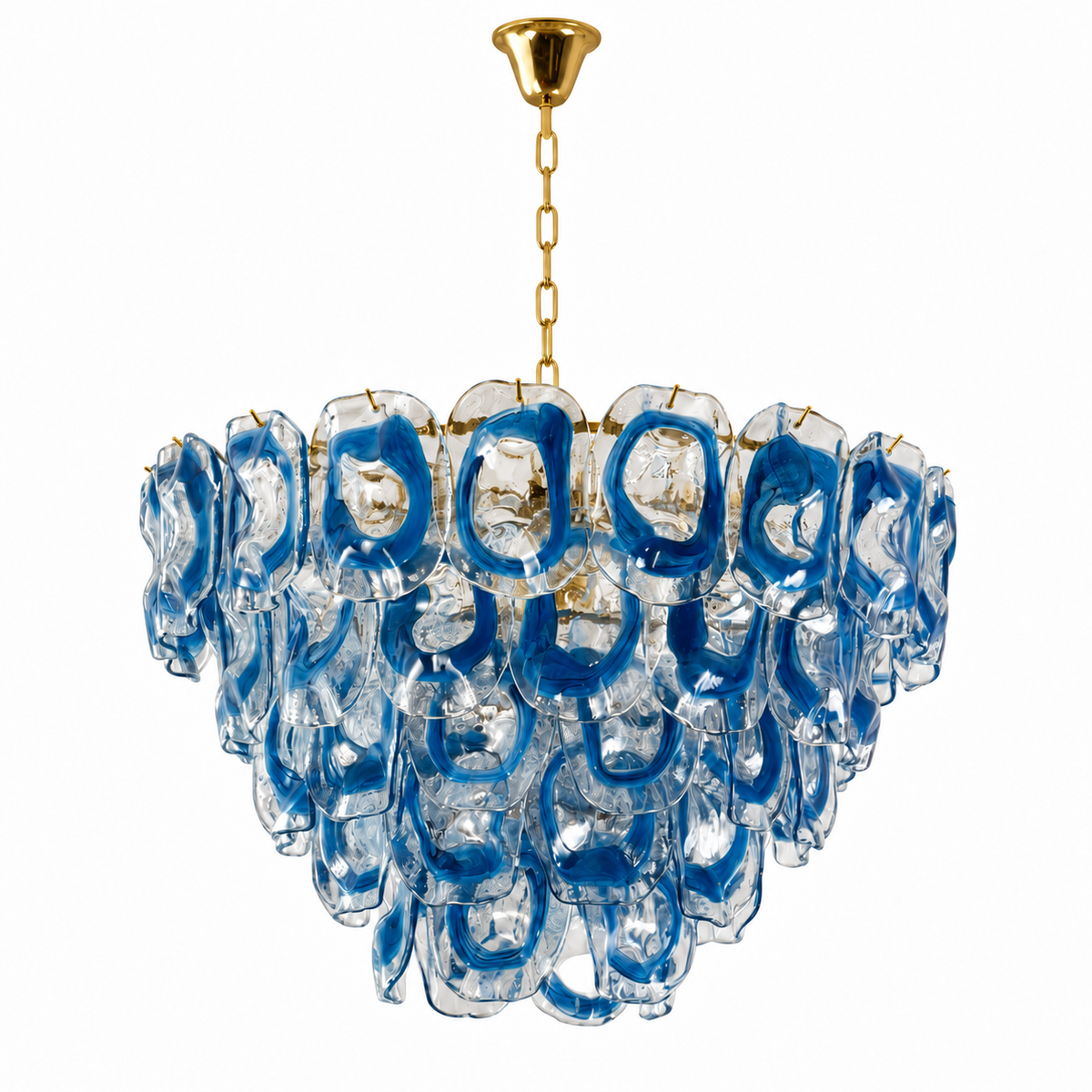 A modern chandelier featuring a cascading arrangement of blue and clear textured glass rings suspended from a gold-toned chain and canopy, shown against a plain white background.