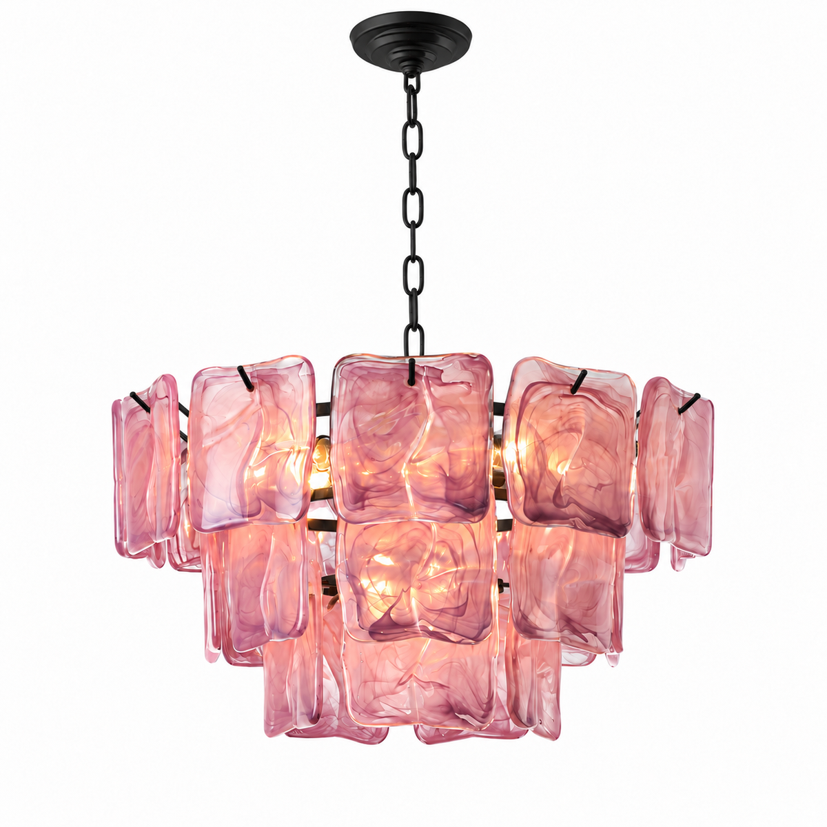 A modern chandelier featuring multiple rectangular pink glass panels suspended from a black metal frame, chain, and ceiling canopy, shown against a plain white background.