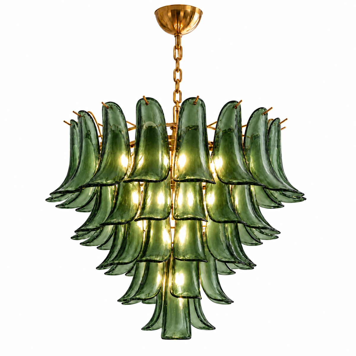 A multi-tiered Murano-style chandelier featuring layered green glass leaf-like shades with a polished gold brass frame, chain, and ceiling canopy, shown against a solid white background.