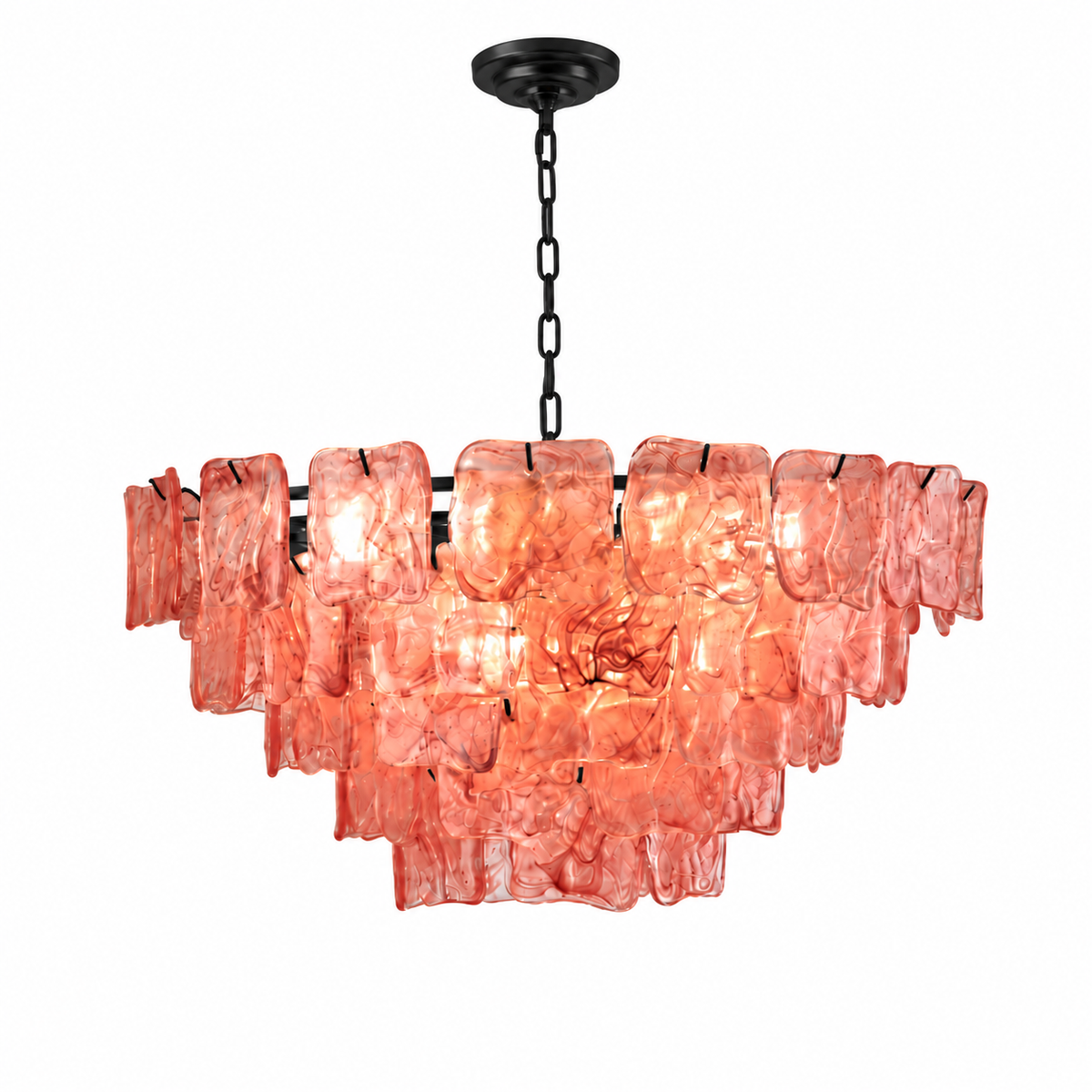 A modern multi-light linear chandelier with textured, irregularly shaped coral-pink glass shades and a black metal canopy, chain, and bar, shown against a solid white background.