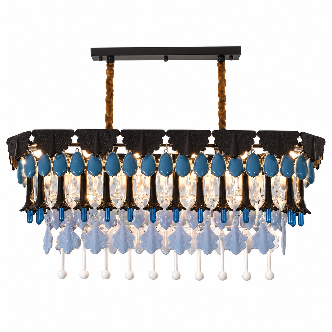A rectangular chandelier with a black metal frame, brown rope suspension, clear glass panels, blue teardrop accents, and cascading blue and white crystal drops, shown on a plain white background.