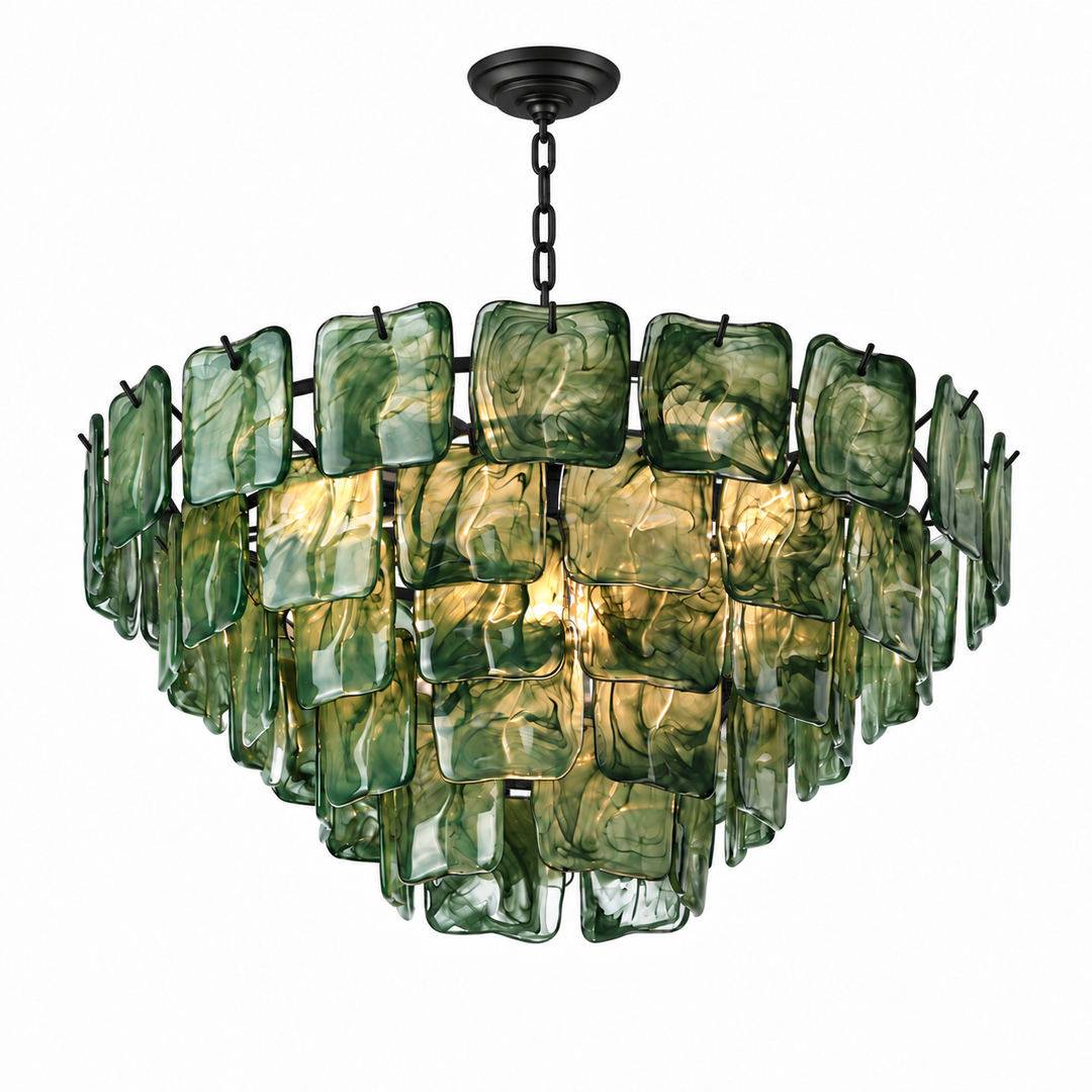 A modern multi-light chandelier featuring textured green glass square panels suspended in a tiered circular arrangement on a black metal frame and chain.