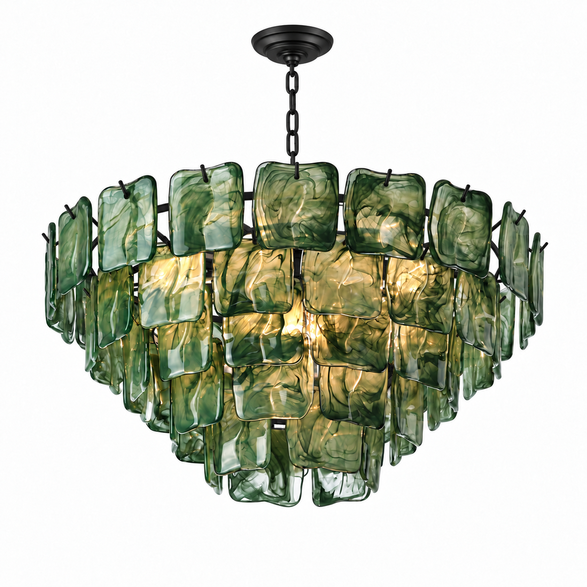 A modern multi-light chandelier featuring textured green glass square panels suspended in a tiered circular arrangement on a black metal frame and chain.