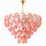A modern tiered chandelier featuring translucent pink glass disc elements with a polished gold metal canopy and chain, shown against a plain white background.