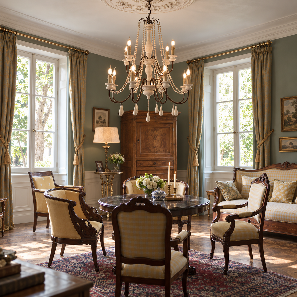 An elegant classical dining room featuring a round dark wood table surrounded by six high-back chairs with cream and gold striped upholstery. The room has sage green walls, tall windows with gold-trimmed drapes, a large ornate chandelier, and a patterned area rug.