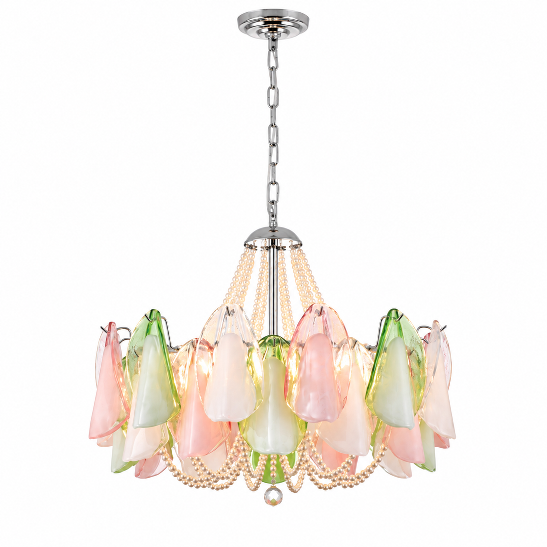 A multi-light chandelier with a silver-toned metal frame and chain, featuring multiple iridescent glass shades in pastel pink, green, and white, accented by beaded strands.