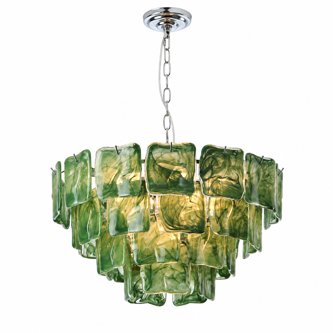 A modern multi-tiered glass chandelier with swirled green and amber glass panels and a polished chrome ceiling canopy and chain, shown against a plain white background.